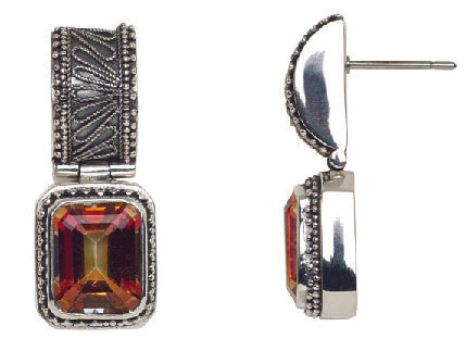 Rectangular twilight topaz drop earrings with silver box top and post backing
