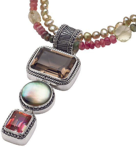 Pendant necklace with smoky quartz, twilight topaz, and black mother of pearl on tourmaline and pearl strand