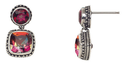 Two-stone drop earrings with gypsy red topaz stud and twilight topaz cushion drop in granulated silver