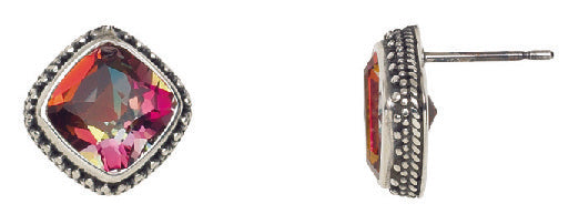 Cushion-cut twilight topaz stud earrings with granulated silver bezel
