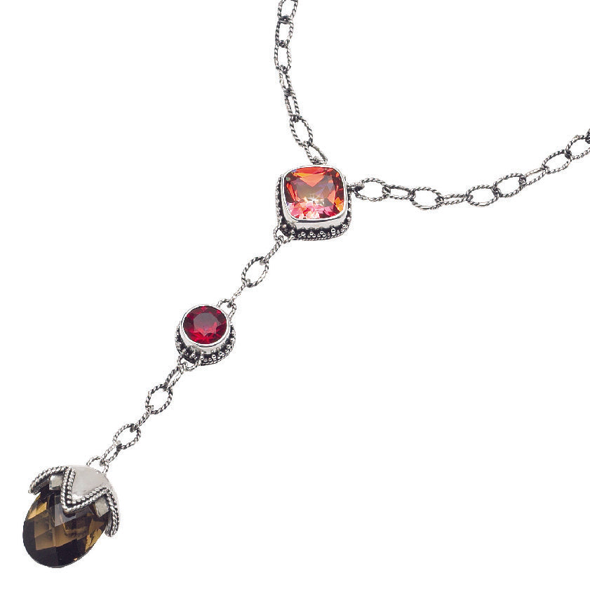 Sterling silver Y-necklace with twilight topaz, gypsy red topaz, and smoky quartz in bezel settings