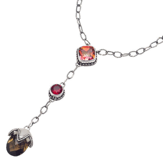 Sterling silver Y-necklace with twilight topaz, gypsy red topaz, and smoky quartz in bezel settings