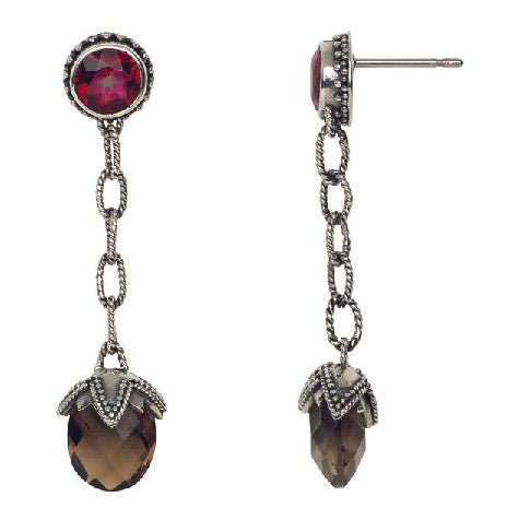 Chain drop earrings with gypsy red topaz stud and smoky quartz briolette in silver