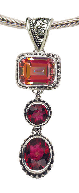 Three-stone pendant necklace with twilight topaz and gypsy red topaz on sterling silver foxtail chain