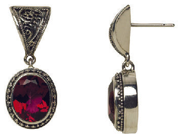 Drop earrings with faceted gypsy red topaz and tapered silver box top with granulation