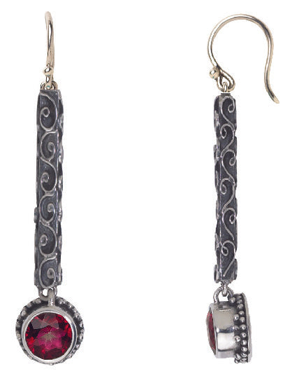 Round gypsy red topaz drop earrings with silver filigree bar and ear wires
