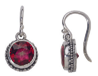Drop earring with faceted round and cushion-cut gypsy red topaz in granulated silver setting