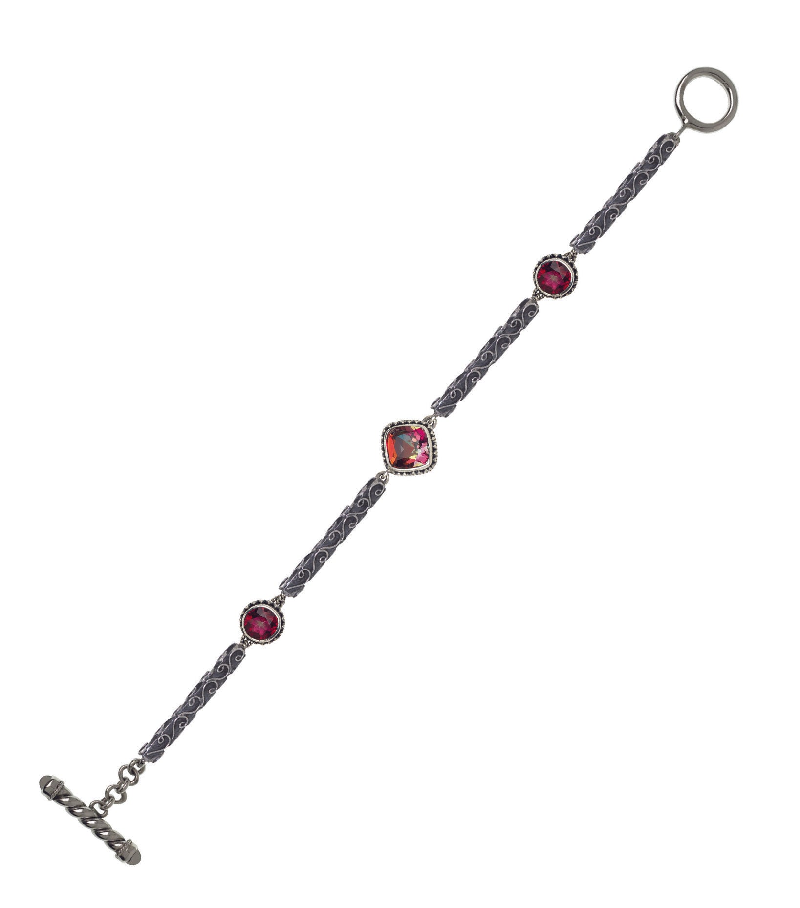 Sterling silver bracelet with gypsy red topaz and twilight topaz, linked by filigree bar panels