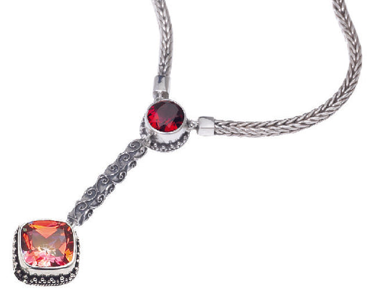 Y-necklace with gypsy red topaz and twilight topaz on sterling silver chain