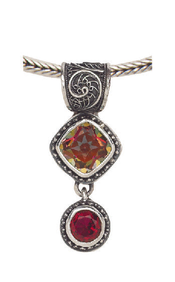 Pendant necklace with twilight topaz and gypsy red topaz on sterling silver foxtail chain