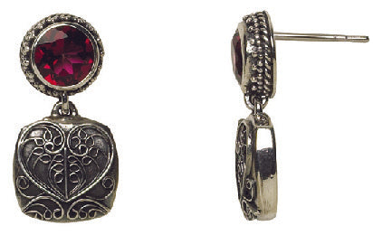 Drop earrings with round gypsy red topaz and silver cushion-shaped filigree dangle