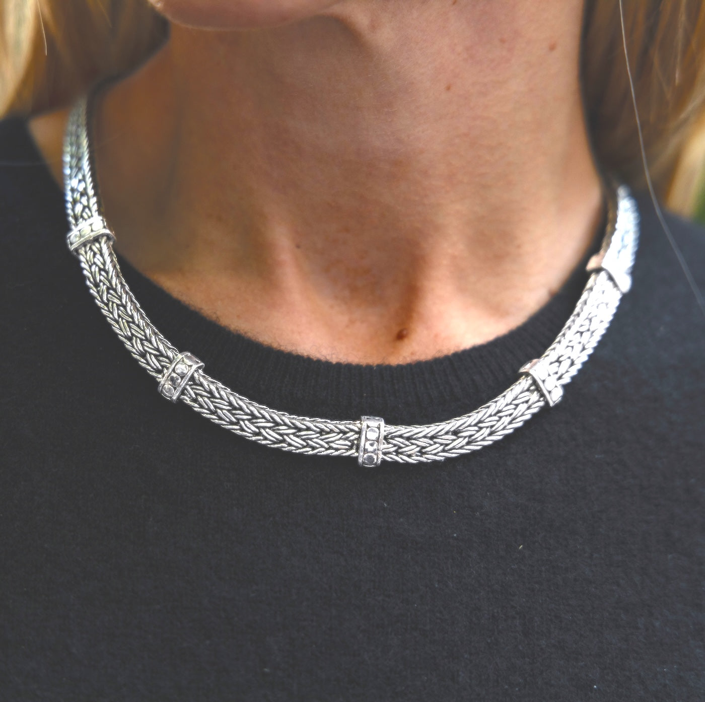 Handwoven sterling silver ikat necklace with granulated spacer stations, Ikat Collection 1998, Lori Bonn Archive.