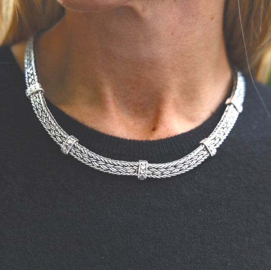 Handwoven sterling silver ikat necklace with granulated spacer stations, Ikat Collection 1998, Lori Bonn Archive.