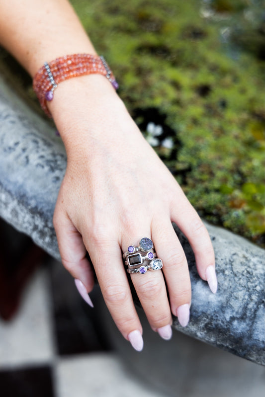 Stacking Ring Set of 3 – Smoky Quartz, Alexandrite, Blue Drusy with Amethyst (Size 8, Parisian Muse 2004 Archive) | Sample