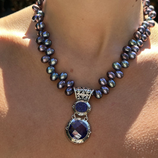 Pendant Necklace – Created Blue Sapphire, Blue Drusy & Peacock Pearl (Windsor 2009 Archive)